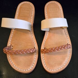 Casa Isota Capri Sandals Braided Italian Leather Sole White Brown Tan